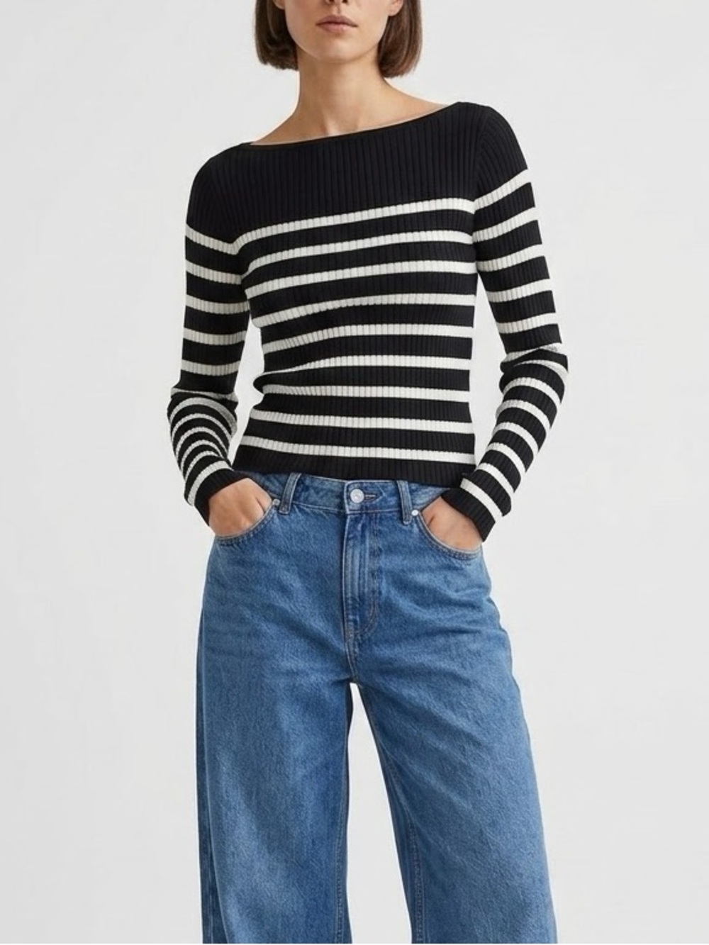 H&M Stripped Boatneck Ribbed Top